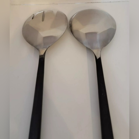 Vintage MCM Stainless Steel Salad Set Fork&Spoon 11.5" Grooved Matte Handles - Picture 2 of 7